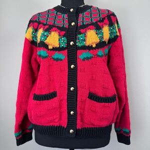 Jennifer Moore Women Cardigan Sweater Petite Medium Red Hand Knit Holiday VTG